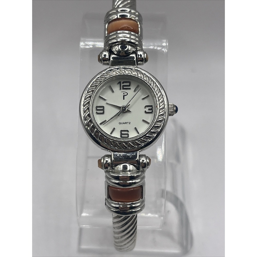 P Quartz Women's‎ Watch Bangle Band Twisted Silver Design w/ Box  - New Battery